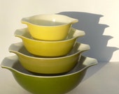 Pyrex Verde Cinderella Nesting Bowls - Shades of Green and Yellow Set of 4 Mixing Bowls - #441 442 443 444