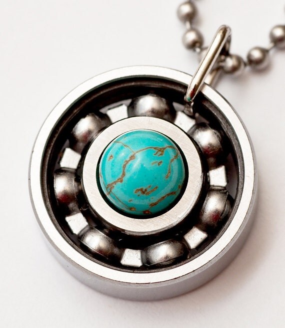 Turquoise Howlite Roller Derby Skate Bearing Pendant Necklace