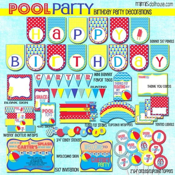 Pool Party Decorations- Printable Pool Party Birthday Party Decorations PDF/JPEG- as seen on Amy Atlas Il_570xn