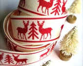 Festive Forest Deer Grosgrain-2 yds-Cream & Red Ribbon-Winter, Holiday Trim-Christmas Crafting, Cards-Antlers-Miniature Deer-Evergreen Trees