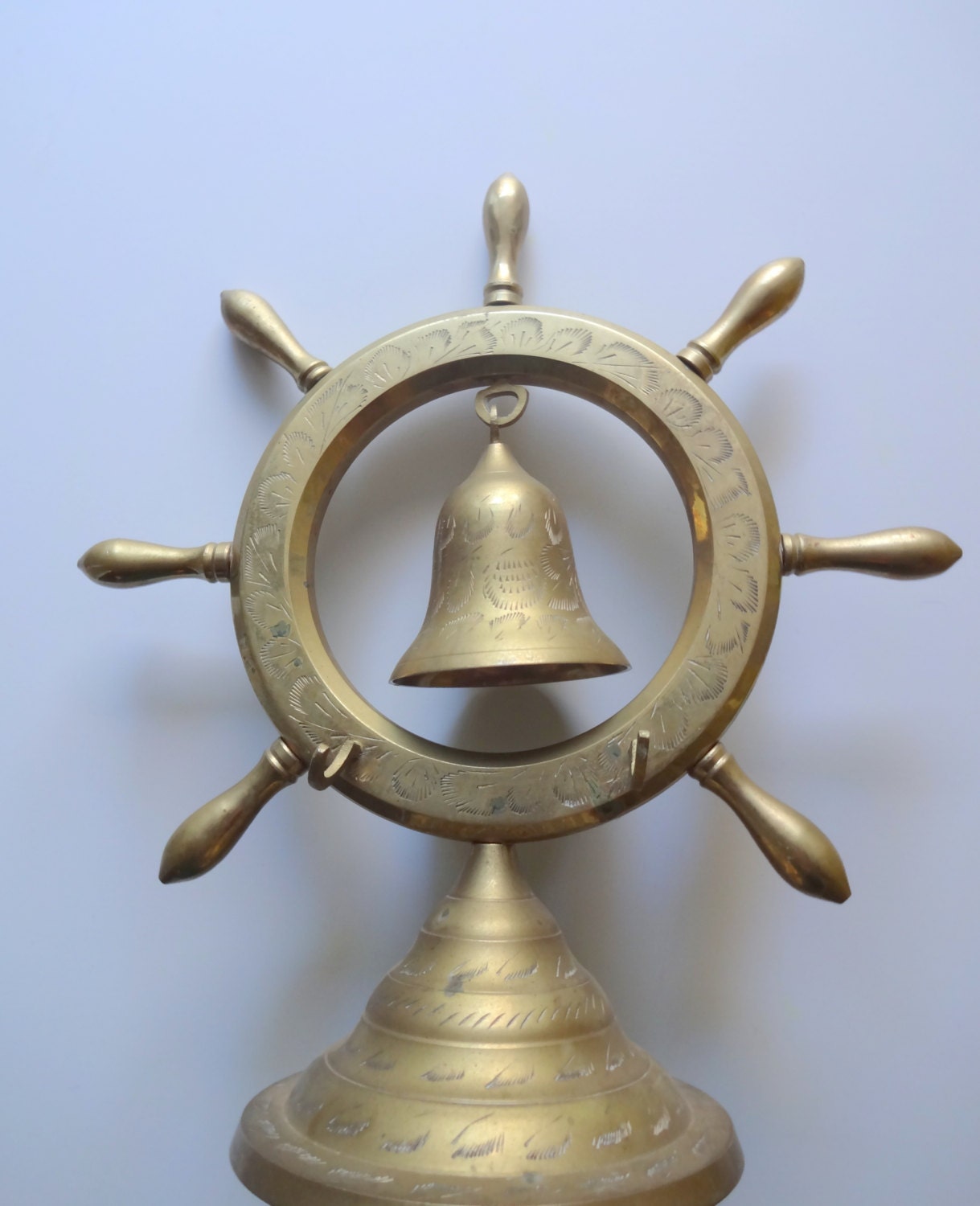 Vintage Brass Ship Wheel Bell Gong 1970s