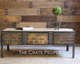 3 Zoria Crate Industrial Coffee table with metal plates - Custom Made Vintage Crate furniture - 100+ yr old Barn Wood
