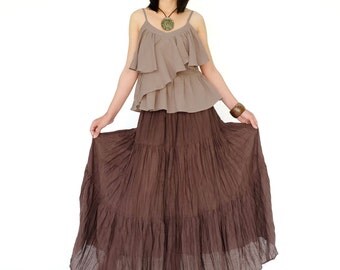 NO.5 Brown Cotton Gauze, Hippie Gypsy Boho Tiered Long Peasant Skirt