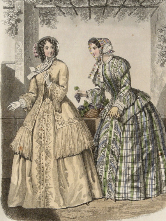 1851 Antique Fashion Lithograph Two Ladies In Autumn Clothes