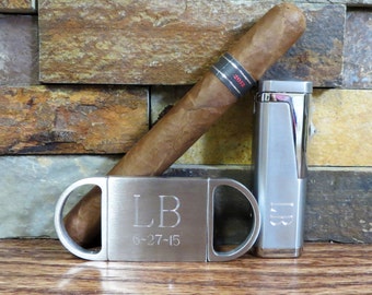 Cigar Lighter w Cigar Cutter Set - Personalized- Cigar Set - Mens Gift- Groomsmen, Fathers Day