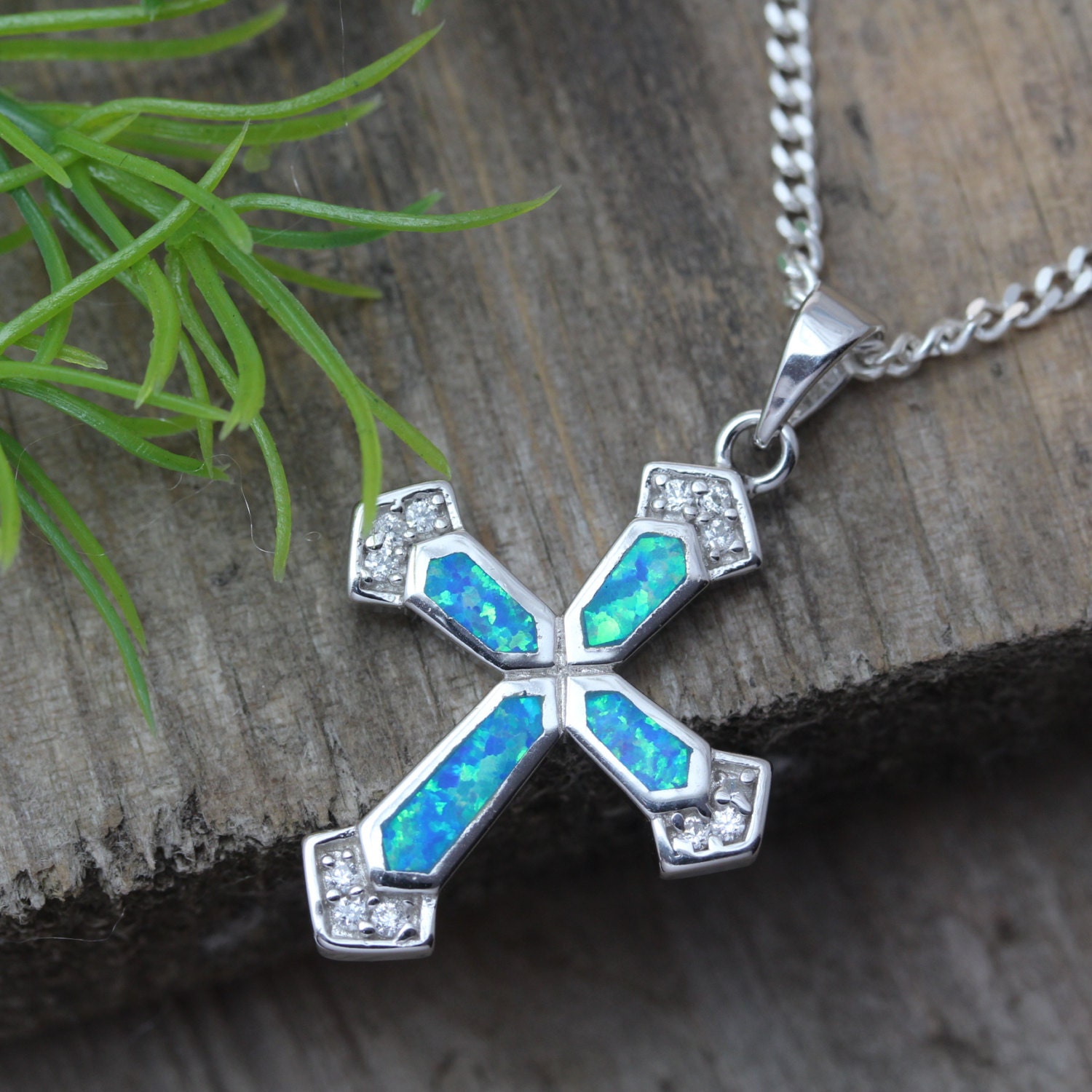 Sterling silver opal cross necklace opal Silver by LifeOfSilver