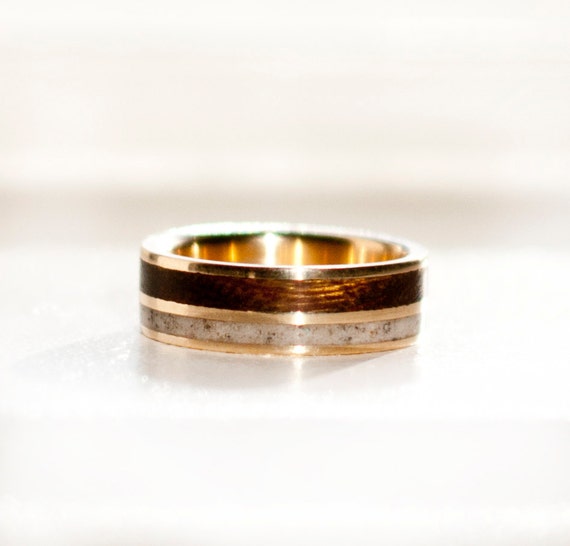 Mens Wedding Band 10K Gold Wood &amp; Antler Ring - Staghead Designs