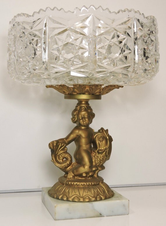 Brass Figural Cherub and Crystal Centerpiece Pedestal Bowl