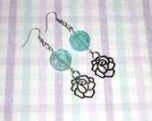 Silver Rose Earrings with Light Turquoise Blue Glass Bead. Flower Jewelry. Silver Rose Earrings with Light Turquoise Blue Glass Bead. Flower Jewelry.