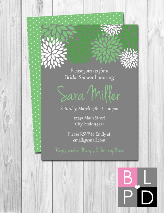Bridal Shower Invitation - Green & White Flowers - BACKSIDE INCLUDED - DIY - Printable Il_570xn