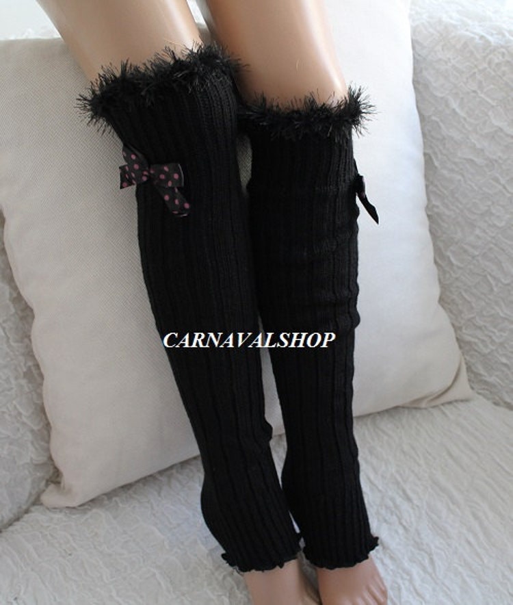 Dark grey Leg Warmers Fur Socks Bow Ribbon Women by