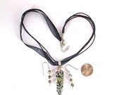 Ribbon Choker, Dalmatian Agate Pendant, Spear Shaped Pendant, Sterling Silver, Black Ribbon, Gift for Her,Matching Earring Gift