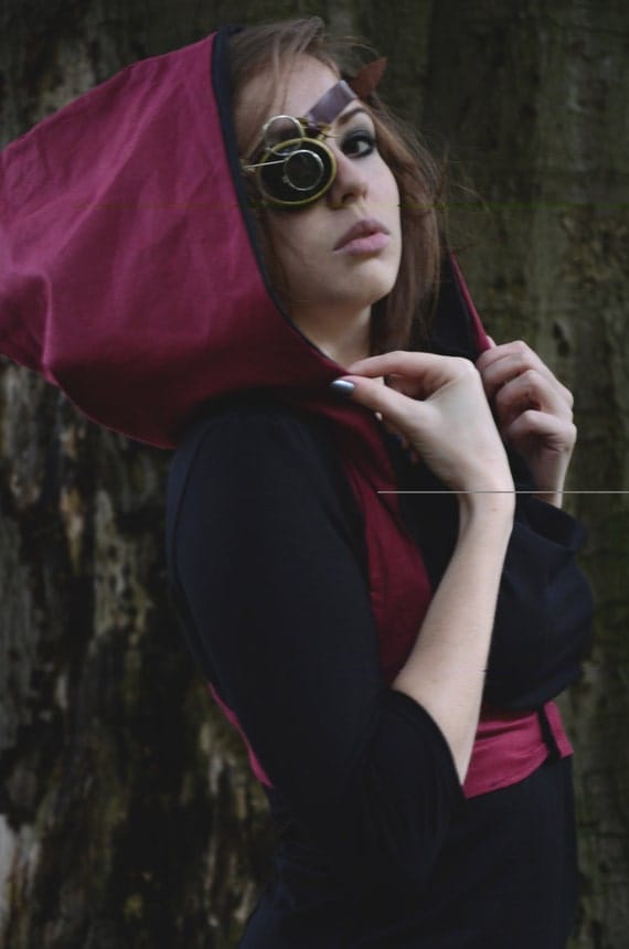 Dark red harness with hoodie - Steampunk trance tribal dark fashion - Perséphone by OctopoosFactory steampunk buy now online