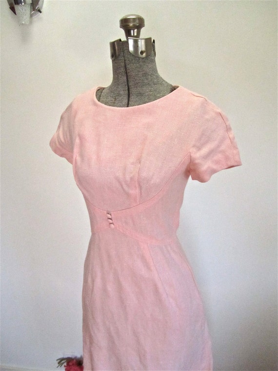 XS S 50s 60s I MAGNIN Linen Pink Dress Day Mid Century Mad Men