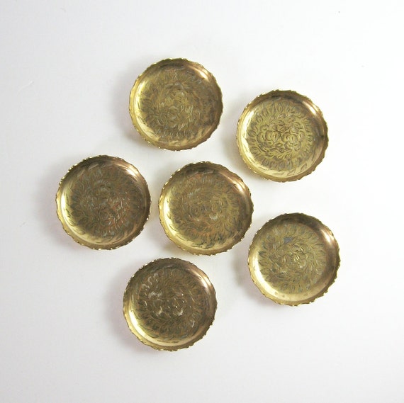 Set of 6 Vintage Brass Coasters Floral Design Engraved