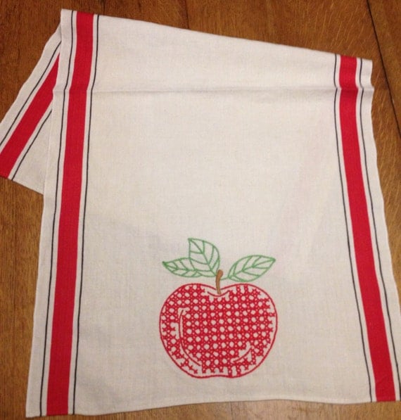 Vintage Red Apple Kitchen Towel Hand Embroidered by AStringorTwo