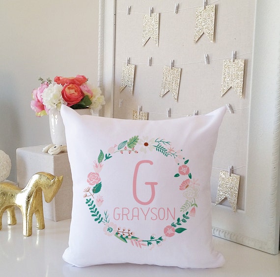 Items similar to Monogram Throw Pillow Cover Floral Design Newborn