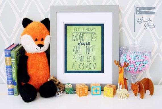 Items similar to No Monsters Allowed Sign, Nursery Art Print ...