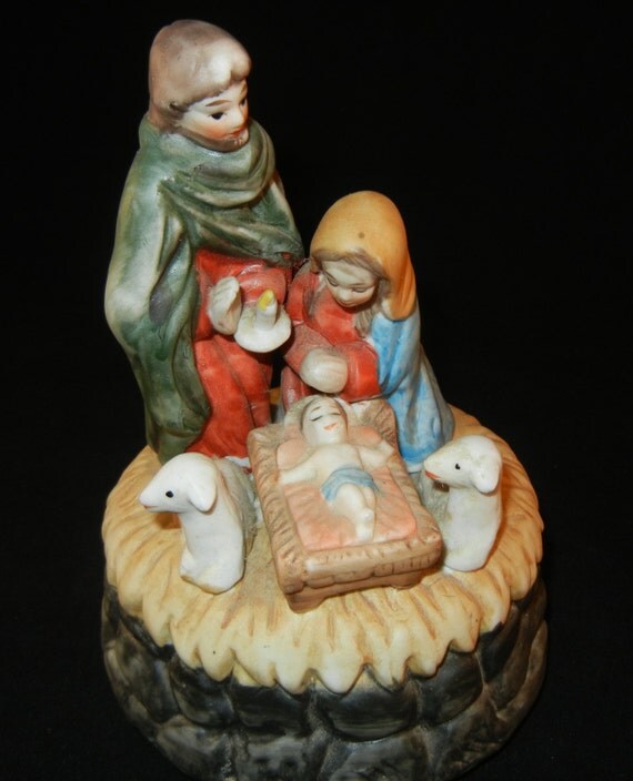 Vintage Ceramic Nativity Scene Music Box Rotating Music