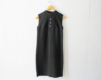 Vintage 60s Little Black Dress Twiggy Mod Retro Sleeveless Short Textured Chevron Pattern Shift Mini Dress Size 11/12