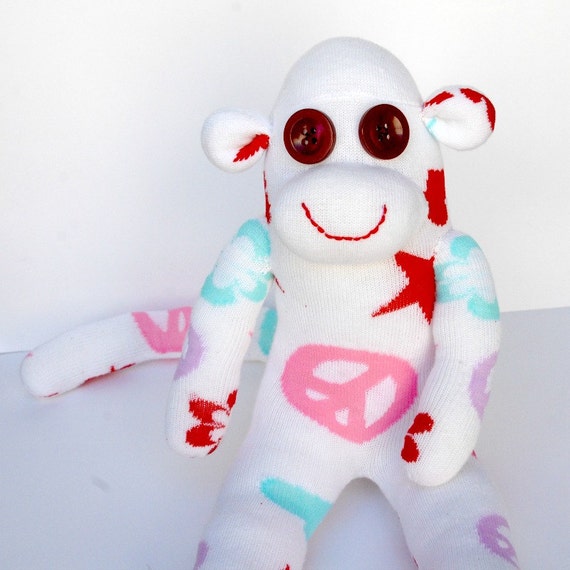 Hippie White Sock Monkey stuffed animal Baby shower gift Toddlers toy OOAK Birthday present Stuffed animal peace sign