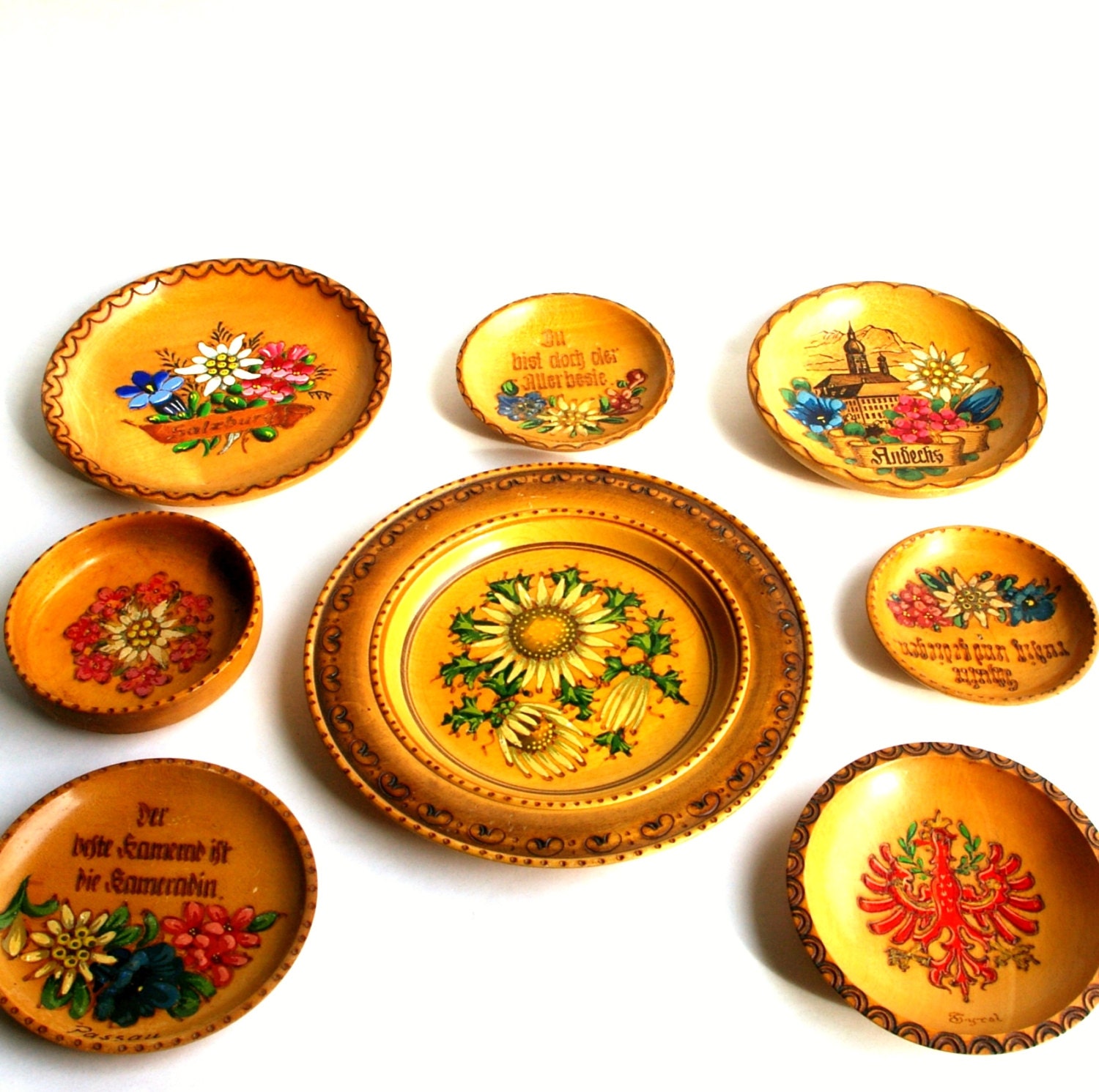 Vintage German Wood Souvenir Plates Hand Painted Wood Burned