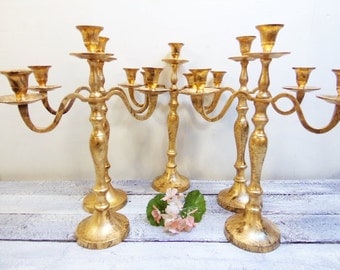 5 Wedding Candelabras 3 arm Shabby Candle Holder Antique Gold Distressed