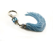 Evil eye keychain, light blue tassel keychain, glass eye bead, evil eye keyring
