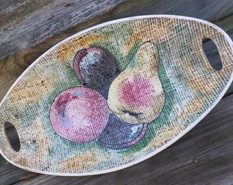 Vintage Italian Handled Platter Textured Hand-painted Fruit