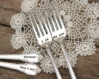 I do Me Too Forever and a Day Wedding Fork Set - Cake Dinner - Hand Stamped - Vintage Silver Plated Flatware - mr mrs