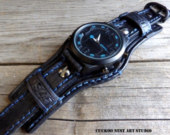 Steampunk Leather Watch Cuff Men's watch by CuckooNestArtStudio