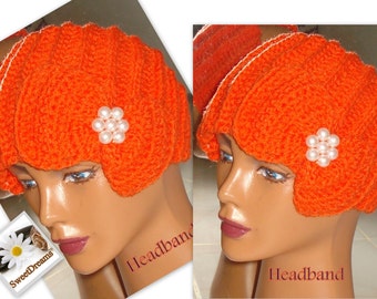 Orange ,Crocheted Bow Hea dband ,Crochet Bow Headband ,Winter,Orange ...