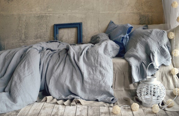 Light grey stonewashed luxurious linen duvet cover\/quilt