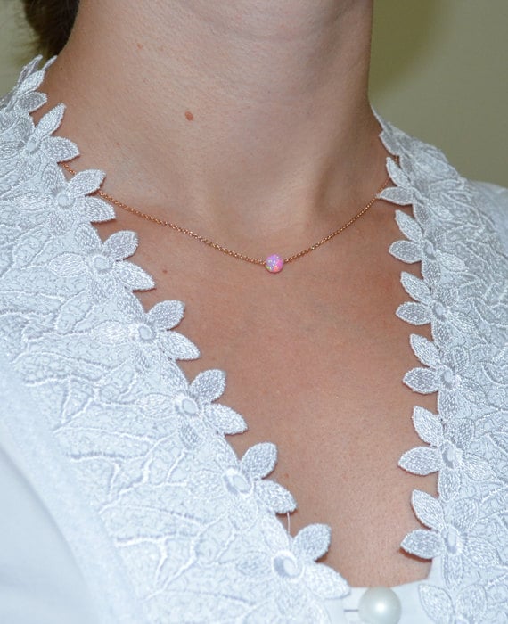 Opal Necklace, Tiny Dot Necklace, Small Opal Ball Gold Necklace, pink opal charm, simple dainty circle opal bead necklace, opal jewelry