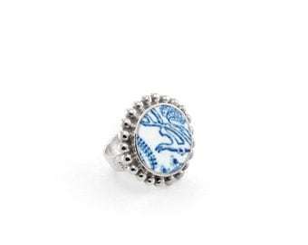 Willow pottery ring, Antique Broken China Jewelry, sterling silver ring