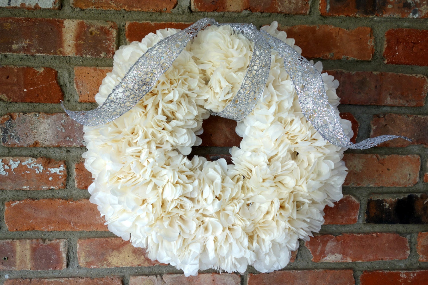 PuffScape WREATH Holiday Silver & Ivory Entrance Decor Tree Alternative Tissue Paper Flower Christmas December Wedding Place Card Holder