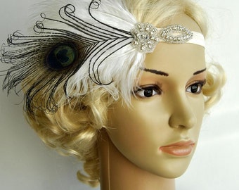 Flapper Feather Headband,The Great Gatsby headpiece, 1920s Flapper rhinestone Headband, Vintage Inspired,Feather, Art Deco headband
