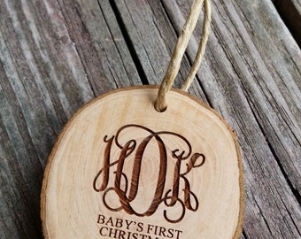 Baby's First Christmas Ornament - Monogram Ornament - Engraved Wood Slice Ornament -
