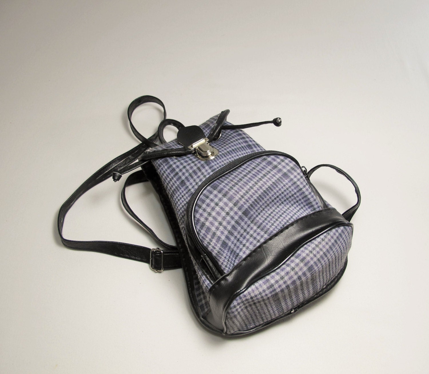 Vintage Small Backpack Black and Blue Checkered Backpack Plaid Mini Kit Bag Retro Bag Womens ...