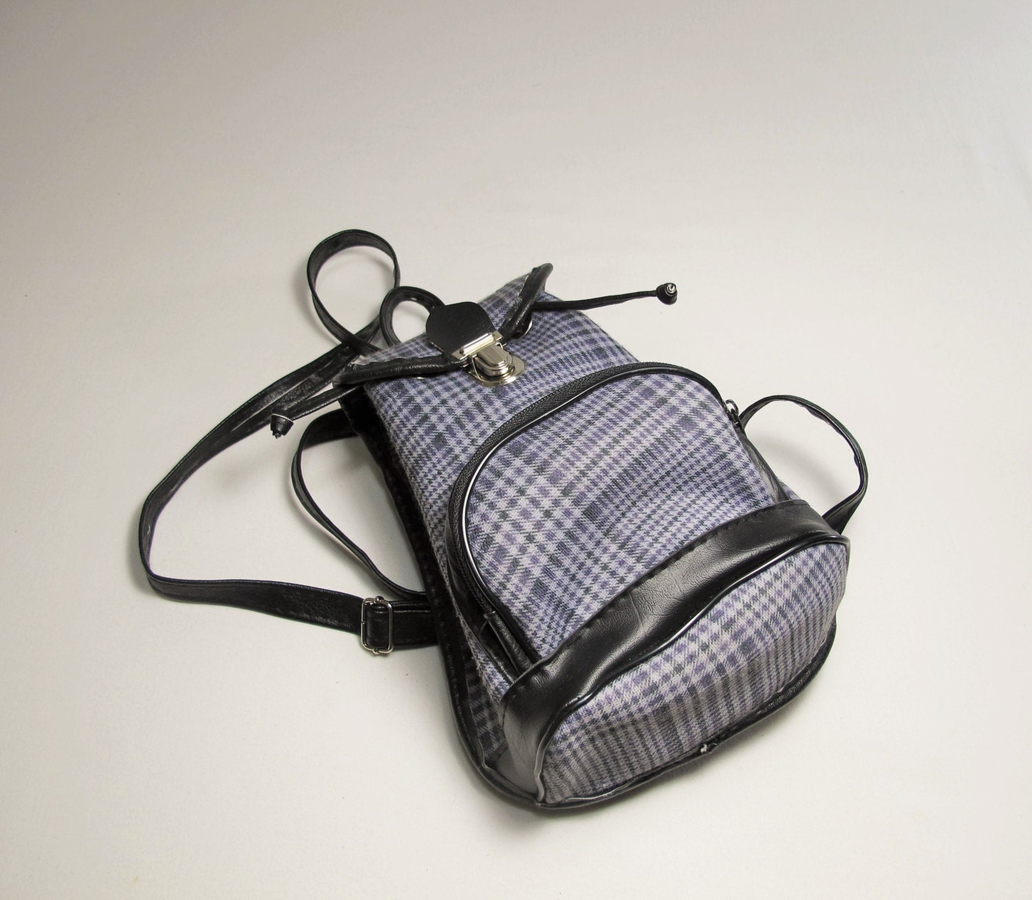 Vintage Small Backpack Black and Blue Checkered Backpack Plaid Mini Kit