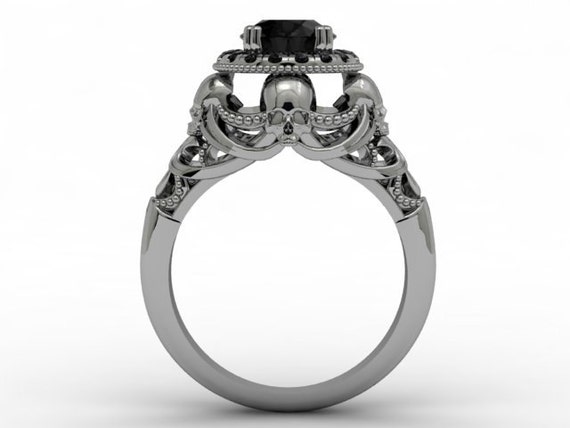 Skull Engagement Ring- Solid Silver ,with 1 .25 ct Black Diamond rd ...