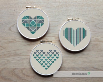 geometric modern cross stitch pattern heart, set of 3, valentine hearts, PDF pattern ** instant download**