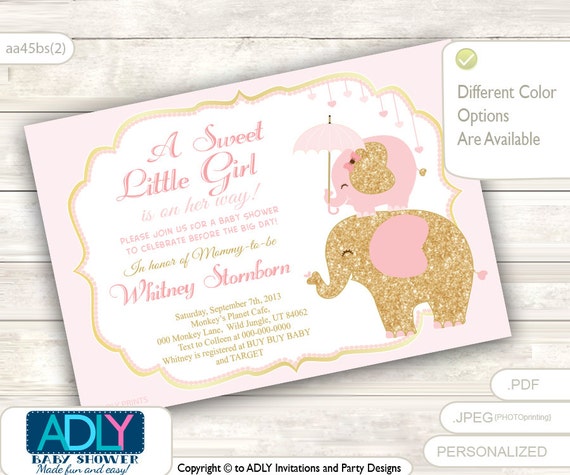 Pink And Gold Elephant Baby Shower Invitations 2