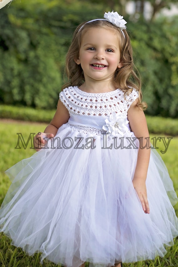 White Flower girl dress, tutu dress, bridesmaid dress, princess dress, crochet top tulle dress, hand knit top tutu dress, white crochet tutu