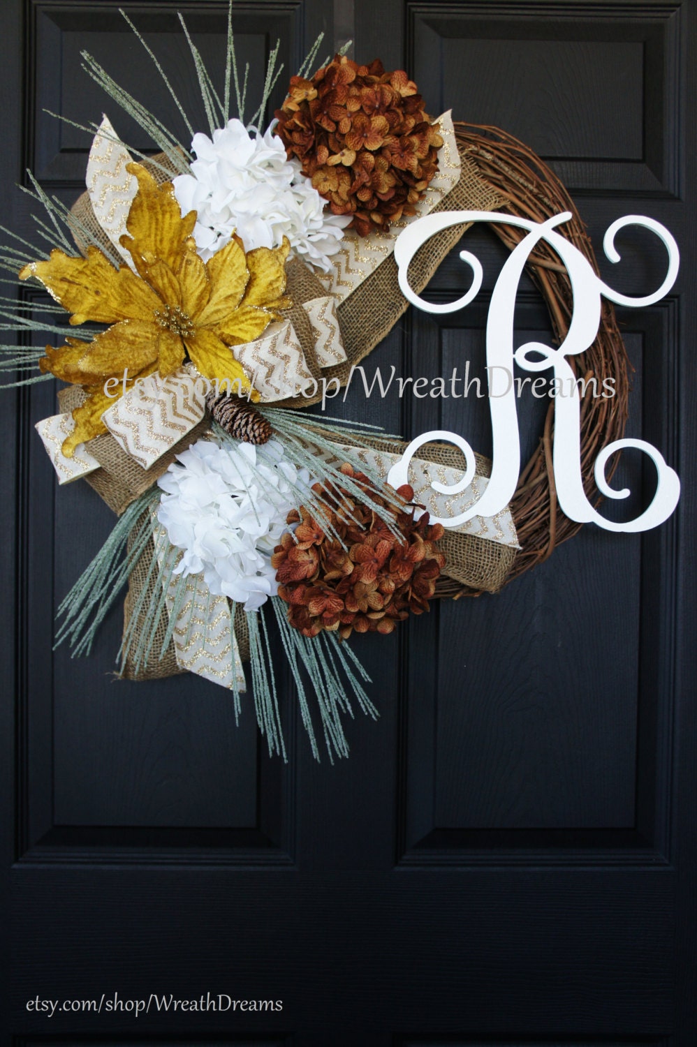 Christmas Wreath with Hydrangeas, Gold Poinsettia & Bulap Bow. Christmas Wreath. Winter Wreath. House Warming Gift. Christmas Gift.