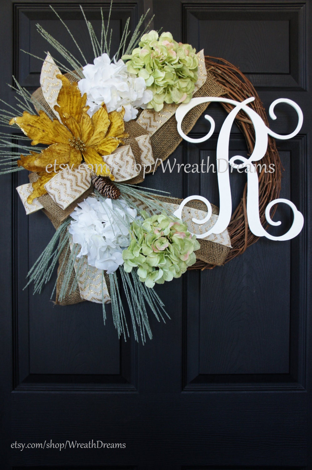 Christmas Wreath with Hydrangeas, Gold Poinsettia & Bulap Bow. Christmas Wreath. Winter Wreath. House Warming Gift. Christmas Gift.