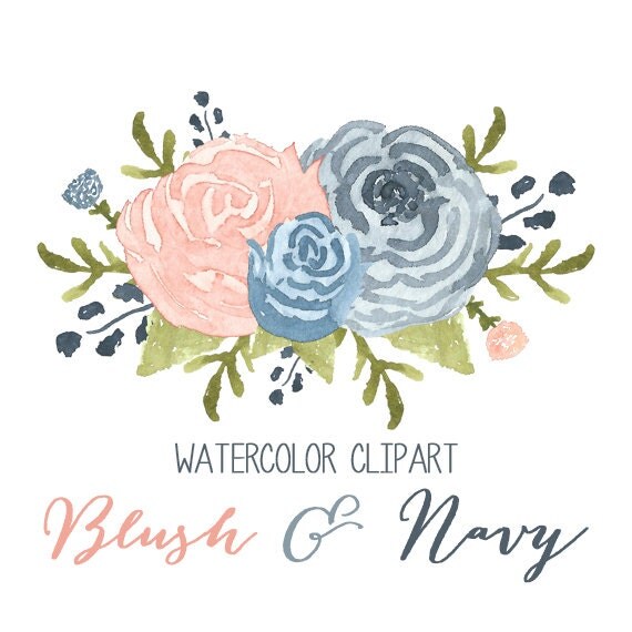 Blush & Navy Watercolor Flower Clip Art // by graphicgoddesses