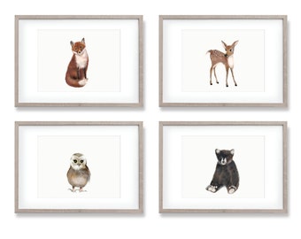Woodland Nursery Art, Set of 4 Prints, Animal Paintings, Fox, Bear, Deer, Owl, Animal Wall Art, Childrens Wall Decor, Kids Art Print, Forest