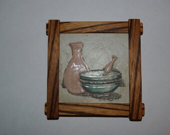 Ceramic coaster with handmade wooden frame Sous verre ceramique avec cadre en bois fait main Proud finger joints Wood Zebrano Arts & crafts