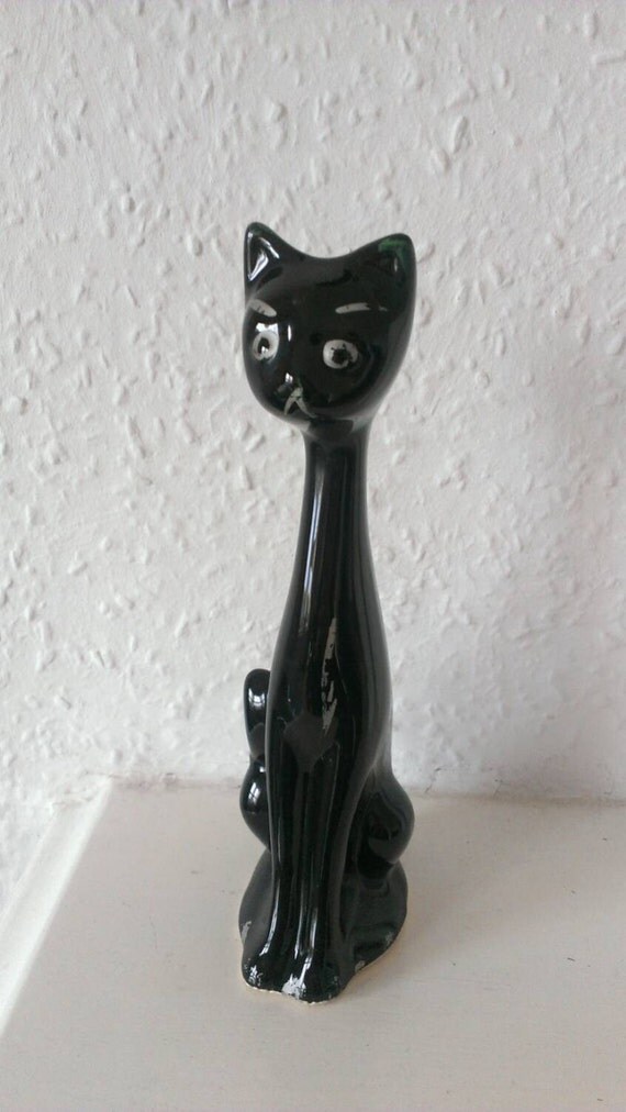 Kitsch vintage long neck black cat vase 1950s 1960s retro mid